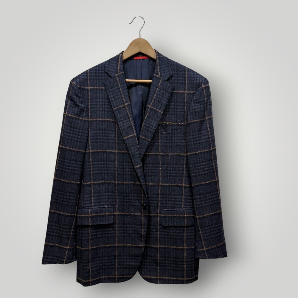 Isaia Napoli Mens Navy Blue Plaid Wool Blazer Sport Coat Made in Italy IT52R 42R